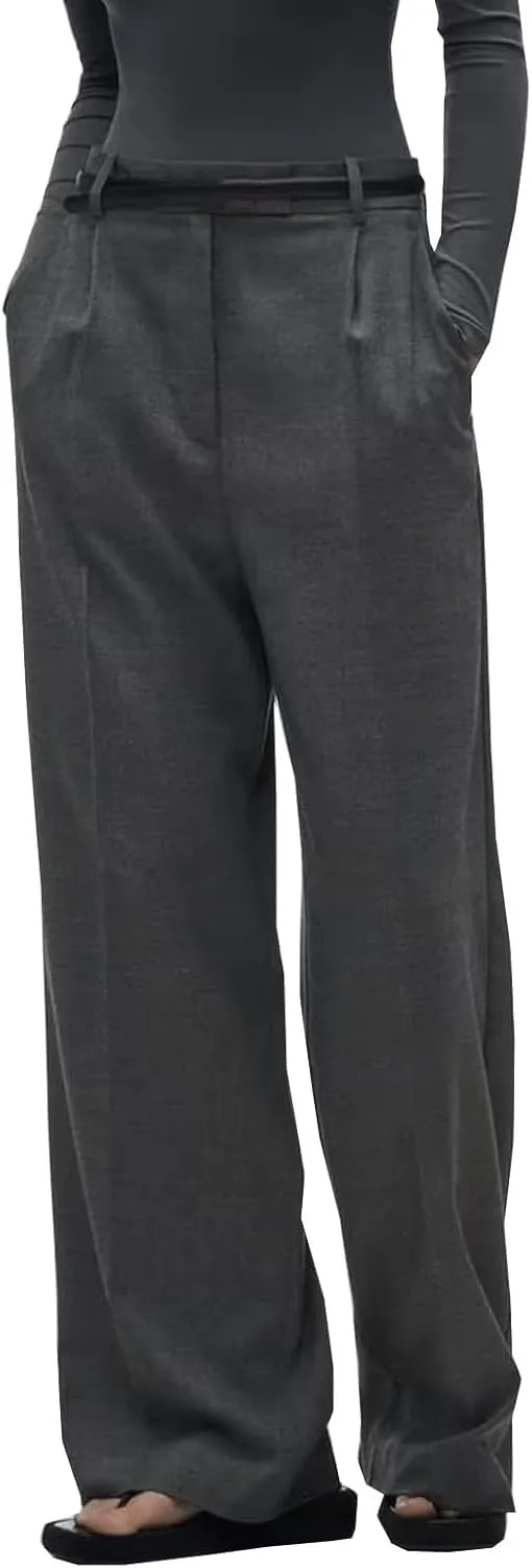 HGps8w Women's 2025 Summer Wide Leg Pants High Wiasted Straight Business Work Trousers Classic Solid Suit Pants with Pockets