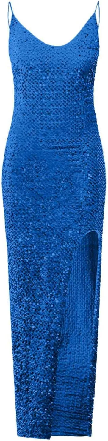 HGps8w Women's Sexy Halter Cowl Neck Sparkly Jumpsuits Clubwear Sleeveless Elegant Sequins Bodycon Wide Leg Pants Rompers