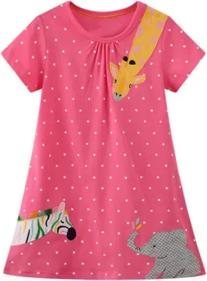 HILEELANG Toddler Girls Short Sleeve Cotton Casual Dress Summer Spring Cartoon Appliques Playwear Basic Shirt Jersey Dresses