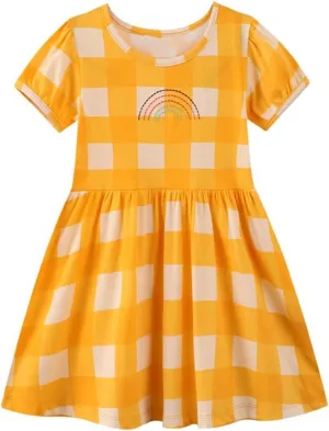 HILEELANG Toddler Girls Short Sleeve Cotton Casual Dress Summer Spring Cartoon Appliques Playwear Basic Shirt Jersey Dresses