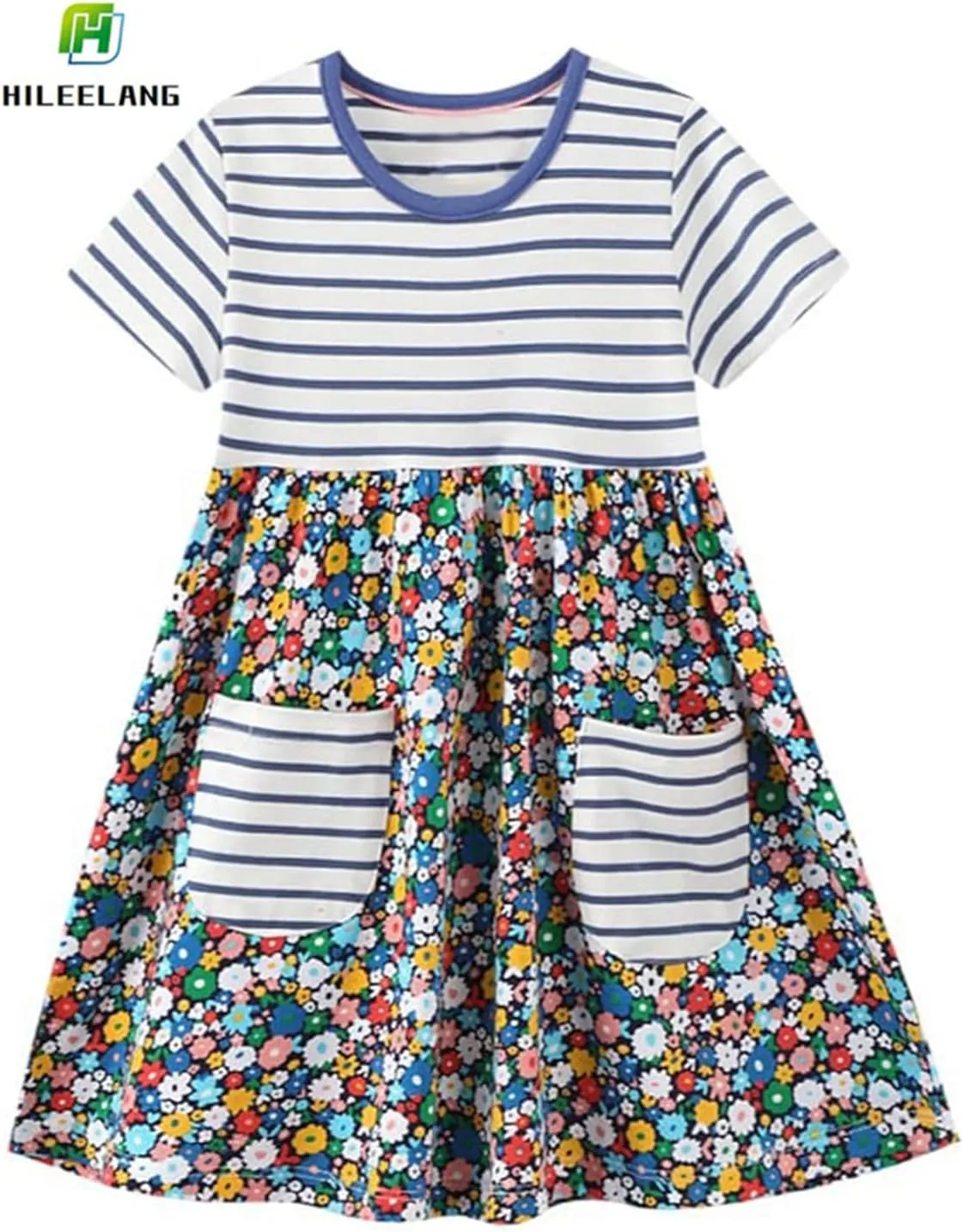 HILEELANG Toddler Girls Short Sleeve Cotton Casual Dress Summer Spring Cartoon Appliques Playwear Basic Shirt Jersey Dresses