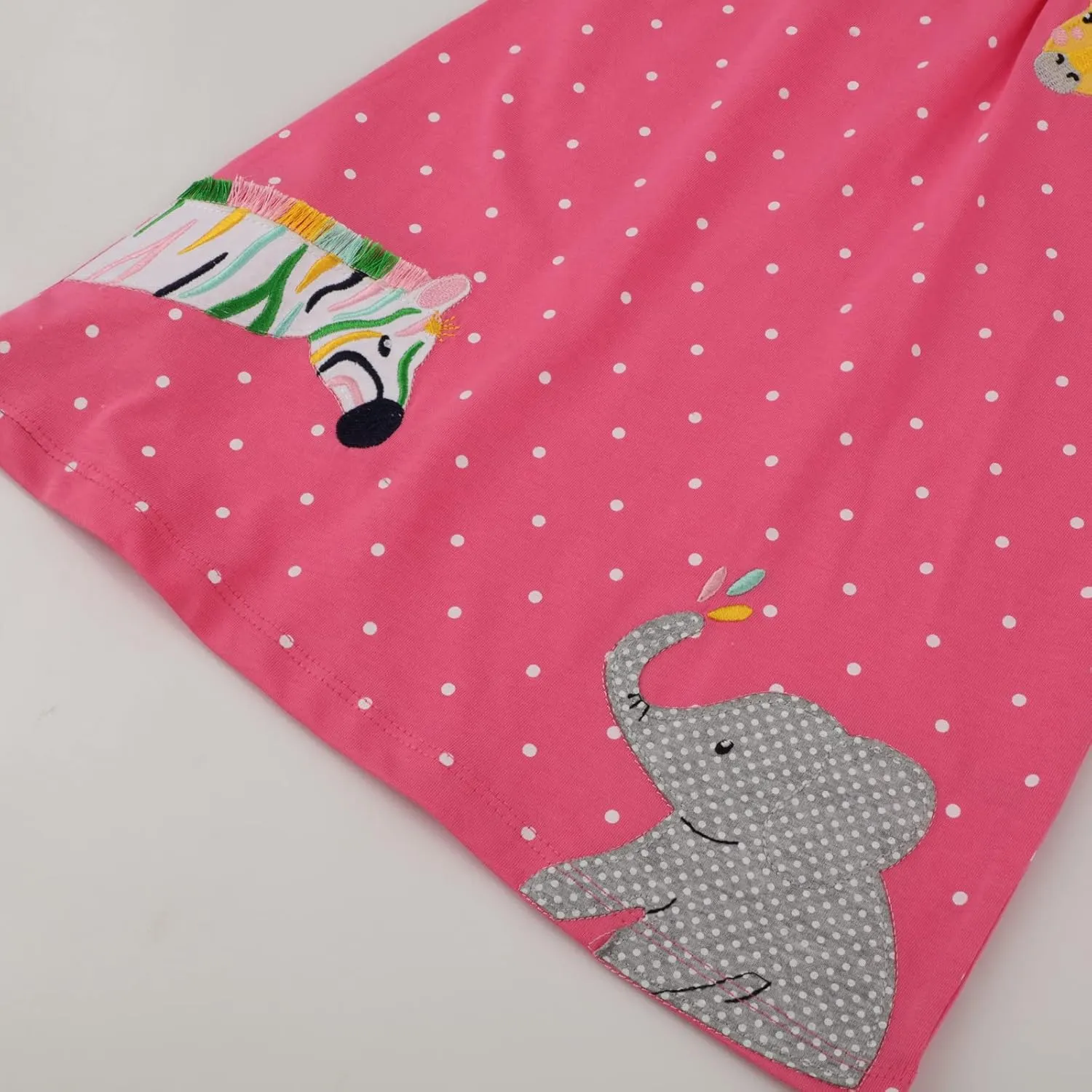 HILEELANG Toddler Girls Short Sleeve Cotton Casual Dress Summer Spring Cartoon Appliques Playwear Basic Shirt Jersey Dresses