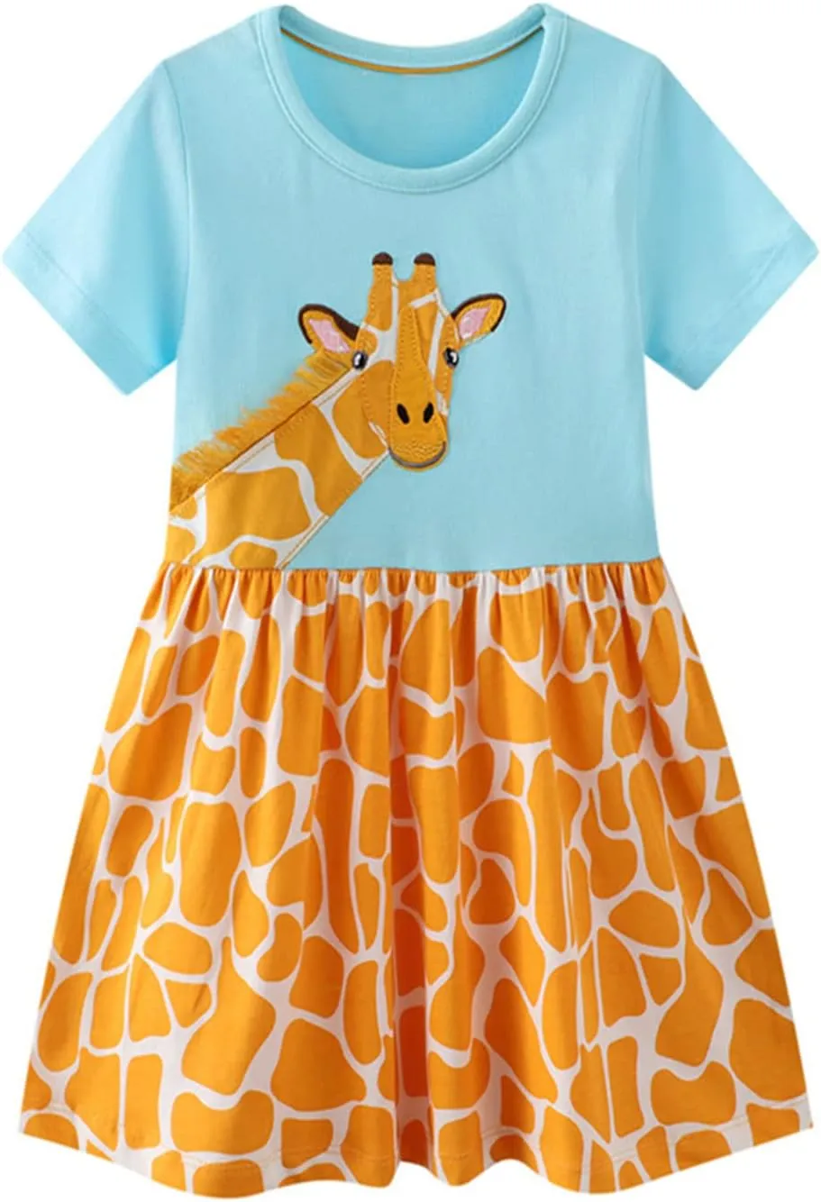 HILEELANG Toddler Girls Short Sleeve Cotton Casual Dress Summer Spring Cartoon Appliques Playwear Basic Shirt Jersey Dresses