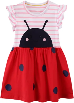 HILEELANG Toddler Girls Short Sleeve Cotton Casual Dress Summer Spring Cartoon Appliques Playwear Basic Shirt Jersey Dresses