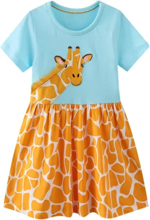HILEELANG Toddler Girls Short Sleeve Cotton Casual Dress Summer Spring Cartoon Appliques Playwear Basic Shirt Jersey Dresses
