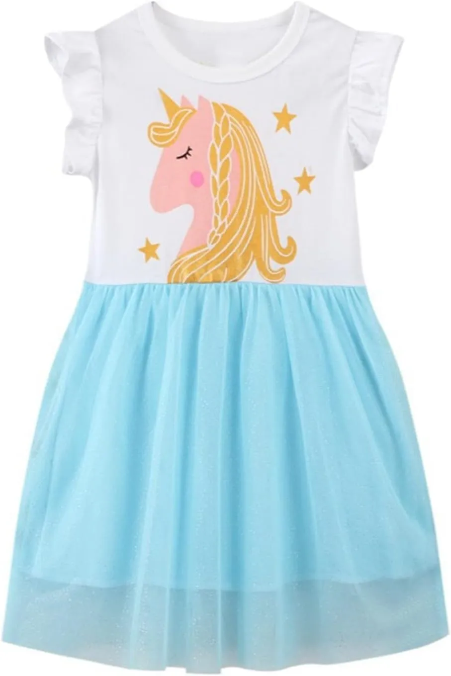 HILEELANG Toddler Girls Short Sleeve Cotton Casual Dress Summer Spring Cartoon Appliques Playwear Basic Shirt Jersey Dresses