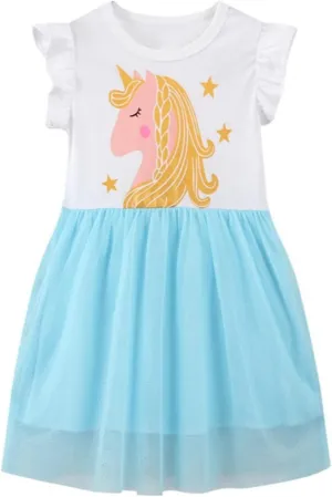 HILEELANG Toddler Girls Short Sleeve Cotton Casual Dress Summer Spring Cartoon Appliques Playwear Basic Shirt Jersey Dresses
