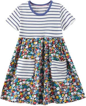 HILEELANG Toddler Girls Short Sleeve Cotton Casual Dress Summer Spring Cartoon Appliques Playwear Basic Shirt Jersey Dresses