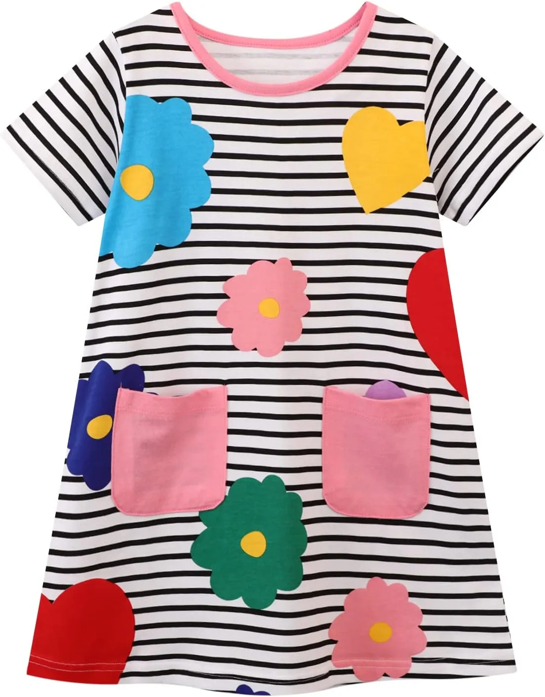 HILEELANG Toddler Girls Short Sleeve Dress Easter Cotton Casual Summer Appliques Shirt Jersey Dresses