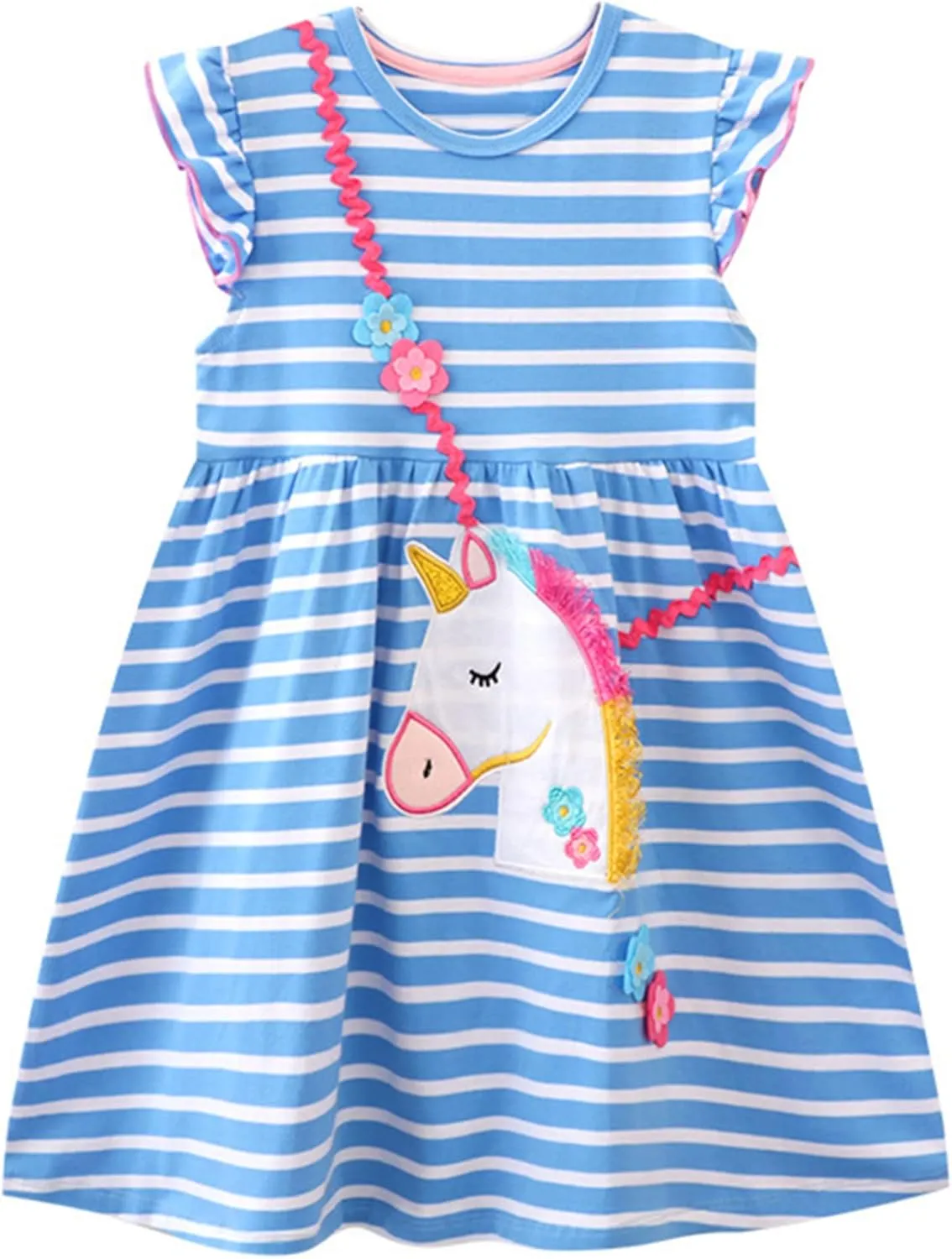 HILEELANG Toddler Girls Short Sleeve Dress Easter Cotton Casual Summer Appliques Shirt Jersey Dresses