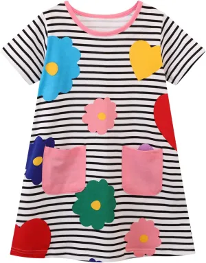 HILEELANG Toddler Girls Short Sleeve Dress Easter Cotton Casual Summer Appliques Shirt Jersey Dresses