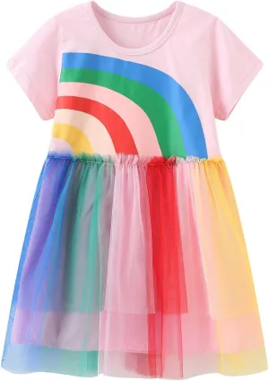 HILEELANG Toddler Girls Short Sleeve Dress Easter Cotton Casual Summer Appliques Shirt Jersey Dresses