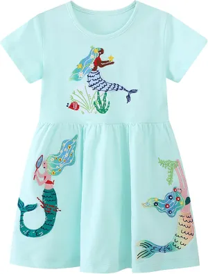 HOMAGIC2WE Girls Casual Dresses Summer Short Sleeve Crewneck Cotton Playwear Dress