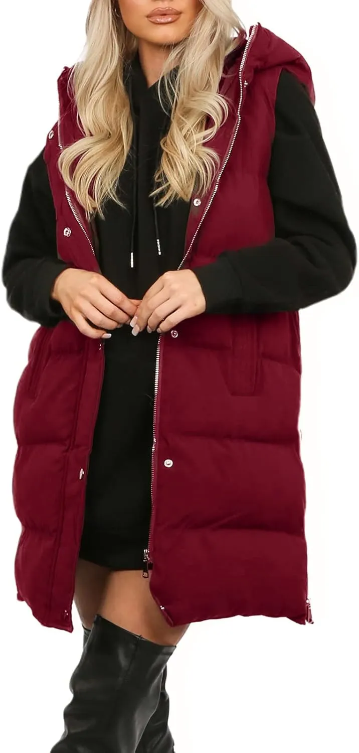 Inorin Womens Down Vest with Stand Collar Thick Hooded Sleeveless Long Coats Jacket