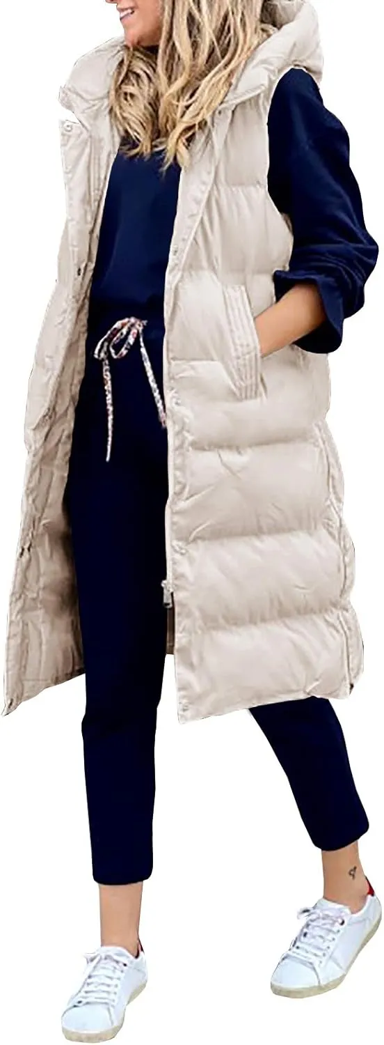 Inorin Womens Down Vest with Stand Collar Thick Hooded Sleeveless Long Coats Jacket