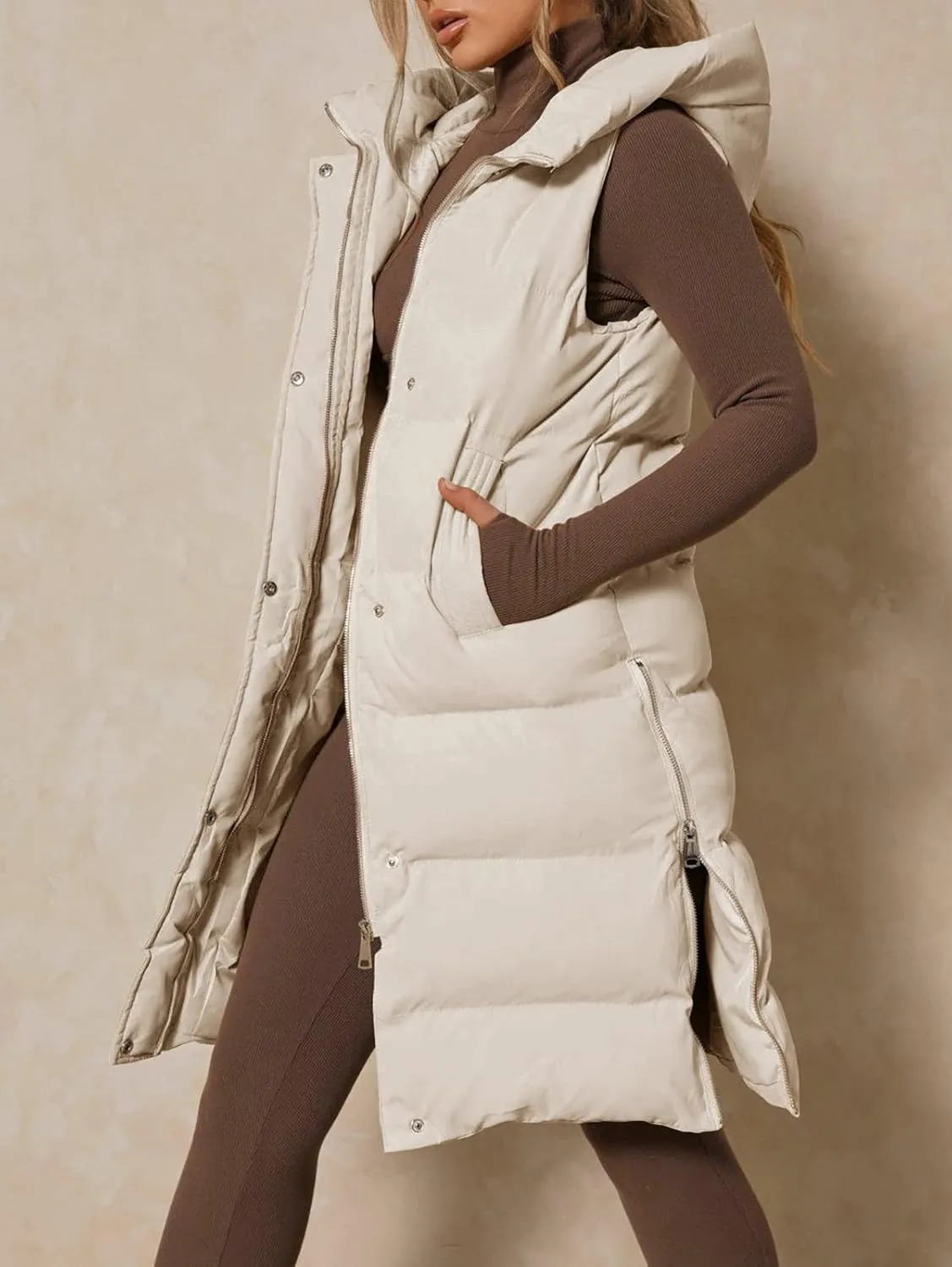 Inorin Womens Down Vest with Stand Collar Thick Hooded Sleeveless Long Coats Jacket
