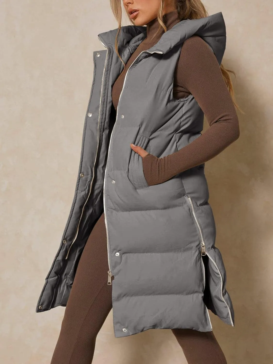Inorin Womens Down Vest with Stand Collar Thick Hooded Sleeveless Long Coats Jacket