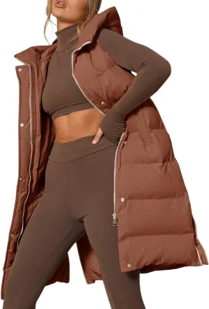 Inorin Womens Down Vest with Stand Collar Thick Hooded Sleeveless Long Coats Jacket