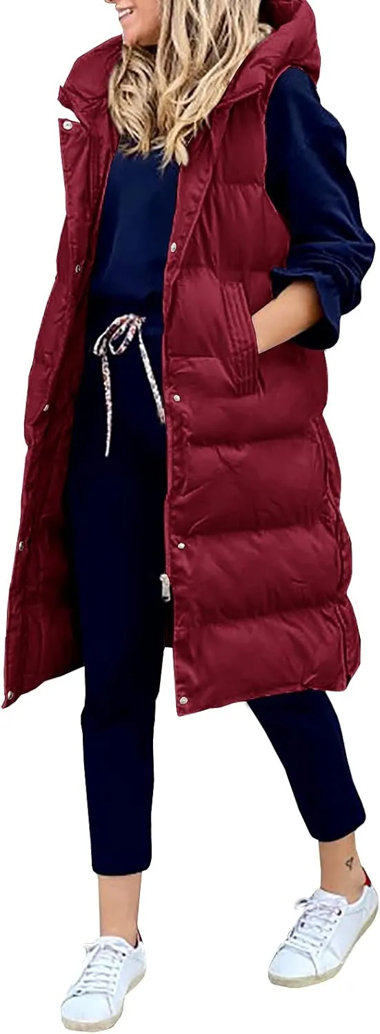 Inorin Womens Down Vest with Stand Collar Thick Hooded Sleeveless Long Coats Jacket