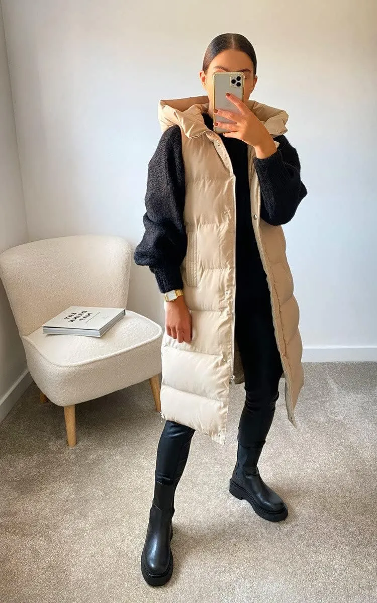 Inorin Womens Down Vest with Stand Collar Thick Hooded Sleeveless Long Coats Jacket