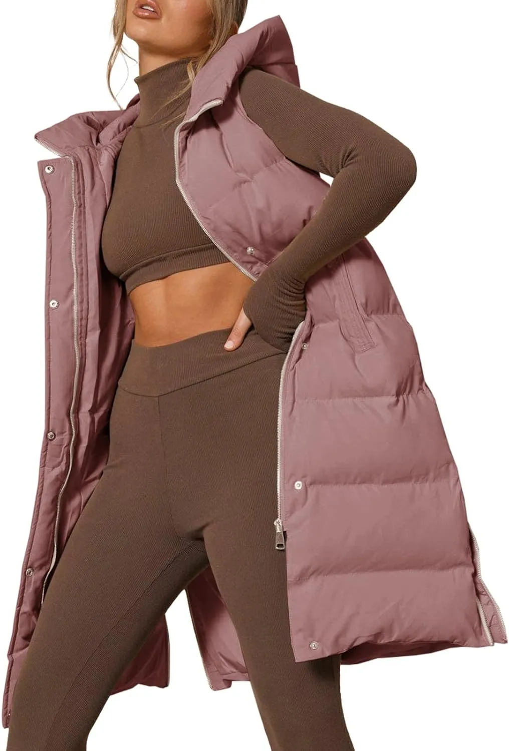 Inorin Womens Down Vest with Stand Collar Thick Hooded Sleeveless Long Coats Jacket
