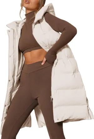 Inorin Womens Down Vest with Stand Collar Thick Hooded Sleeveless Long Coats Jacket