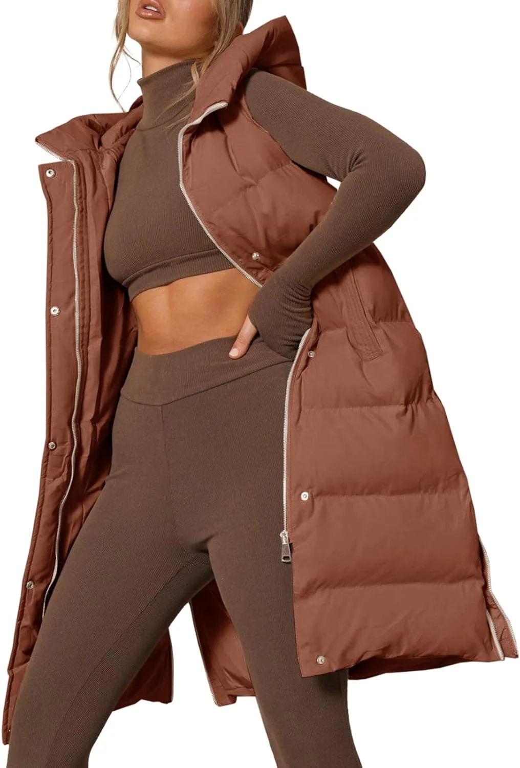 Inorin Womens Down Vest with Stand Collar Thick Hooded Sleeveless Long Coats Jacket