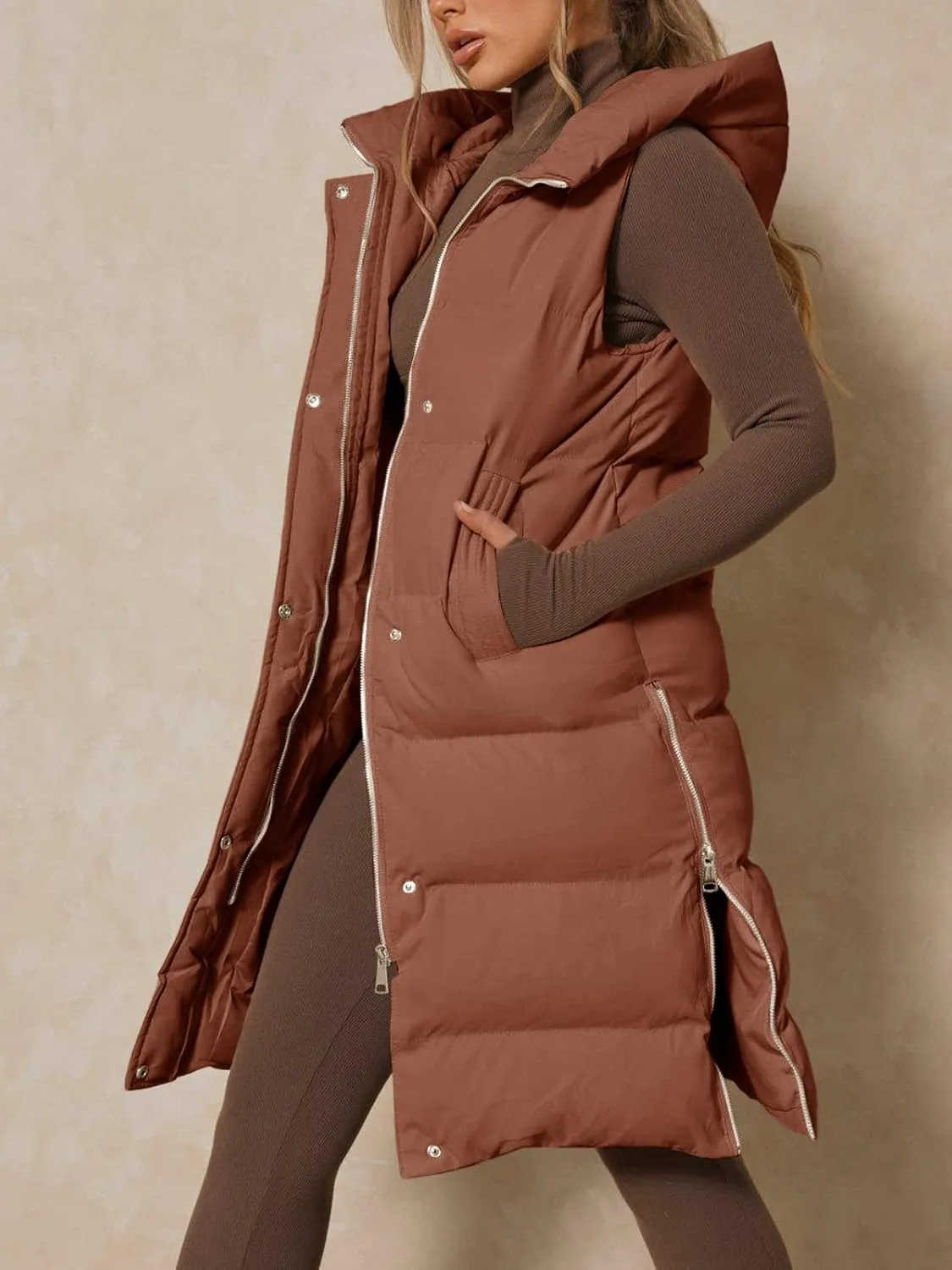 Inorin Womens Down Vest with Stand Collar Thick Hooded Sleeveless Long Coats Jacket