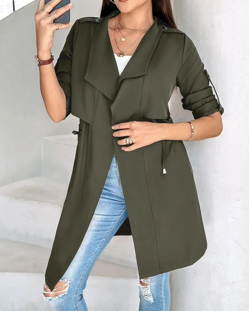 IVERIRMIN Womens Rolled-up Sleeve Draped Open Front Jacket Dressy Casual Lapel Drawstring Waist Blazer Trench Coats Outwear