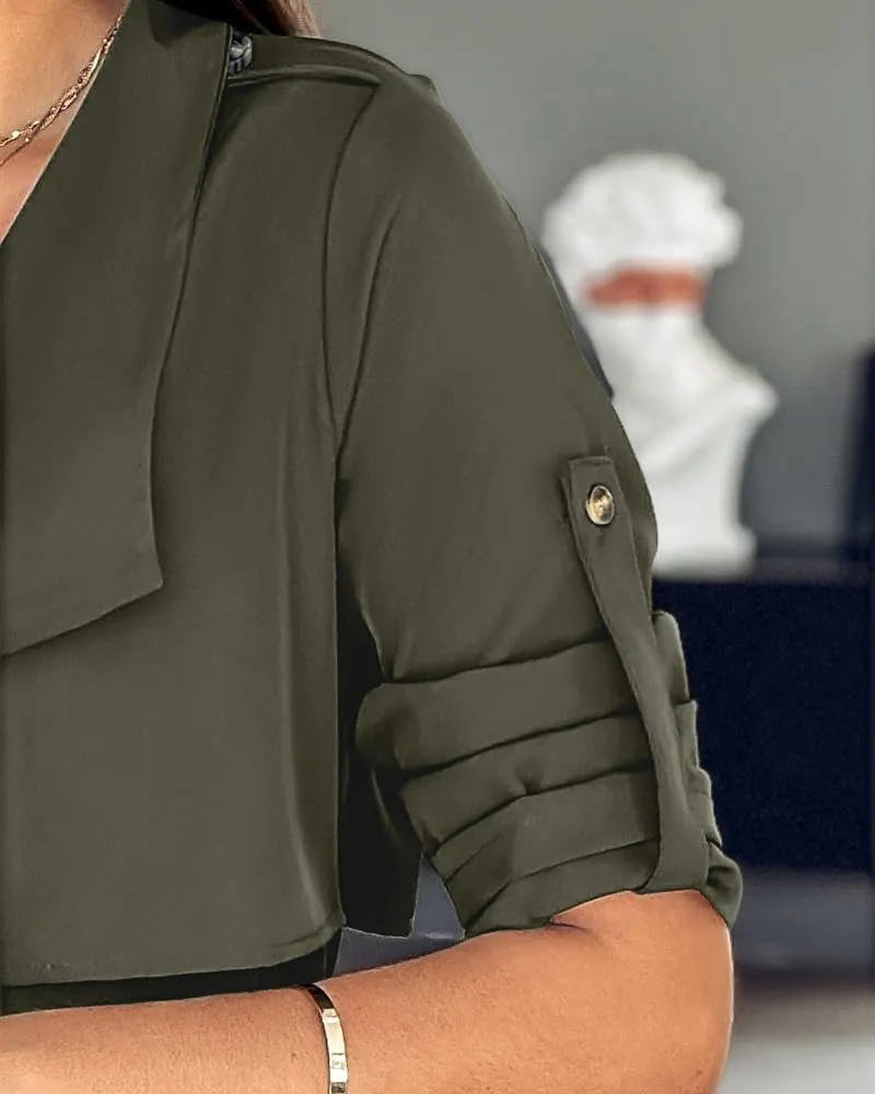 IVERIRMIN Womens Rolled-up Sleeve Draped Open Front Jacket Dressy Casual Lapel Drawstring Waist Blazer Trench Coats Outwear