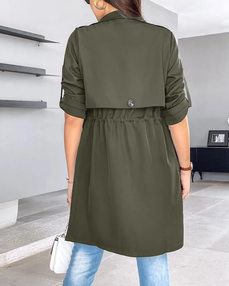IVERIRMIN Womens Rolled-up Sleeve Draped Open Front Jacket Dressy Casual Lapel Drawstring Waist Blazer Trench Coats Outwear