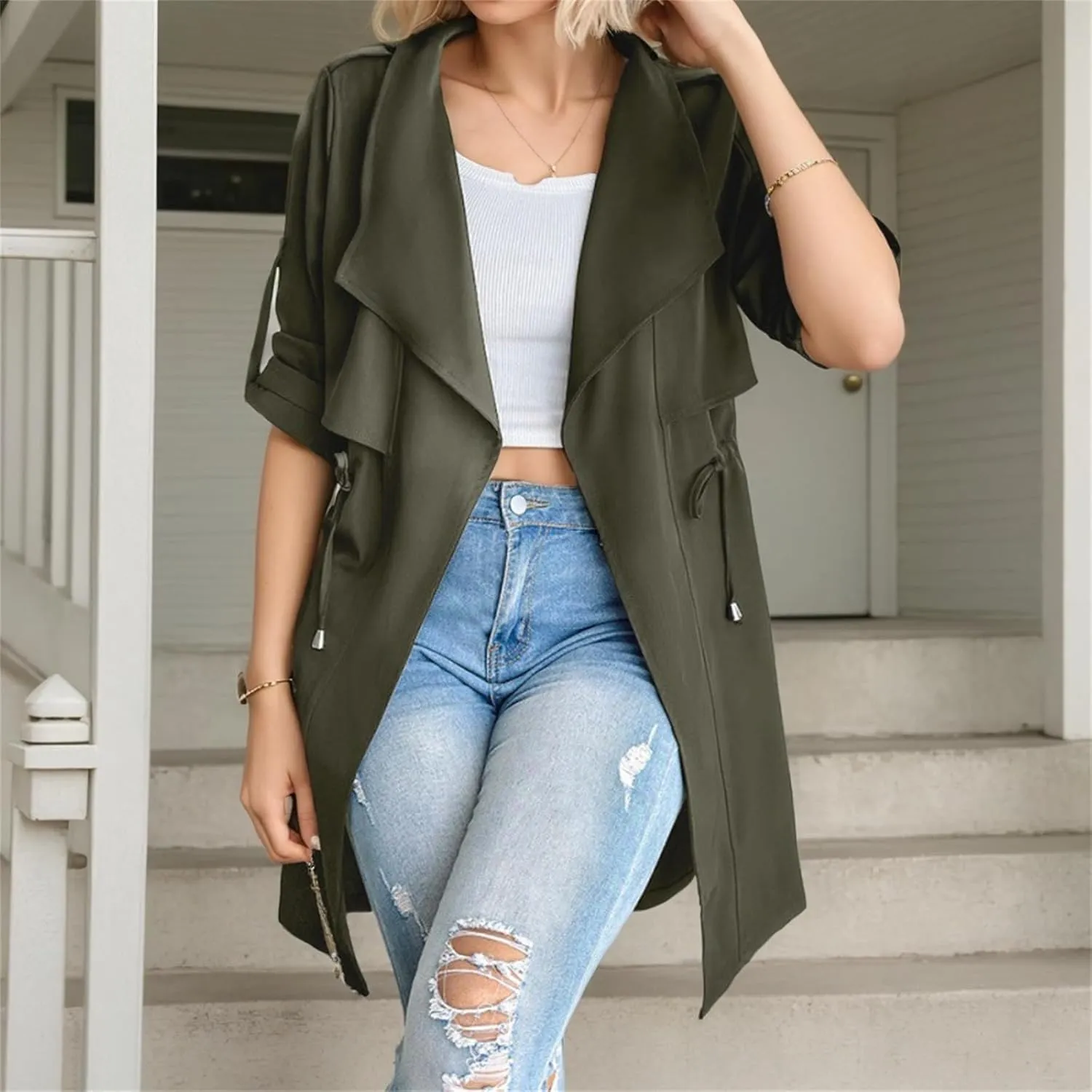IVERIRMIN Womens Rolled-up Sleeve Draped Open Front Jacket Dressy Casual Lapel Drawstring Waist Blazer Trench Coats Outwear