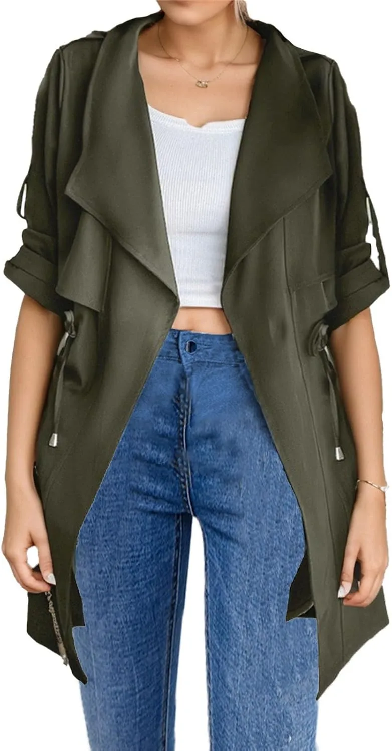 IVERIRMIN Womens Rolled-up Sleeve Draped Open Front Jacket Dressy Casual Lapel Drawstring Waist Blazer Trench Coats Outwear