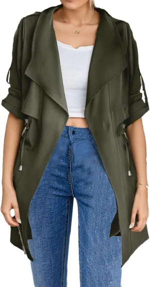 IVERIRMIN Womens Rolled-up Sleeve Draped Open Front Jacket Dressy Casual Lapel Drawstring Waist Blazer Trench Coats Outwear