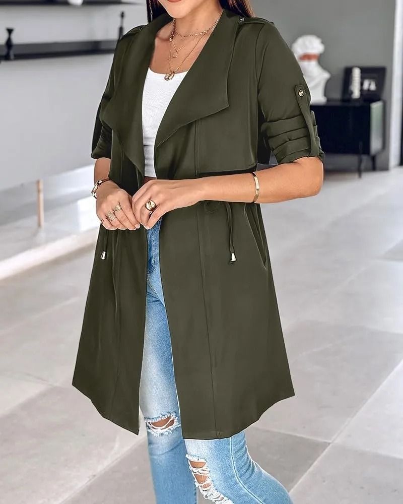 IVERIRMIN Womens Rolled-up Sleeve Draped Open Front Jacket Dressy Casual Lapel Drawstring Waist Blazer Trench Coats Outwear