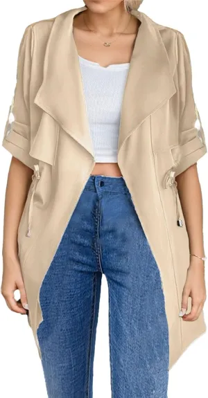 IVERIRMIN Womens Rolled-up Sleeve Draped Open Front Jacket Dressy Casual Lapel Drawstring Waist Blazer Trench Coats Outwear