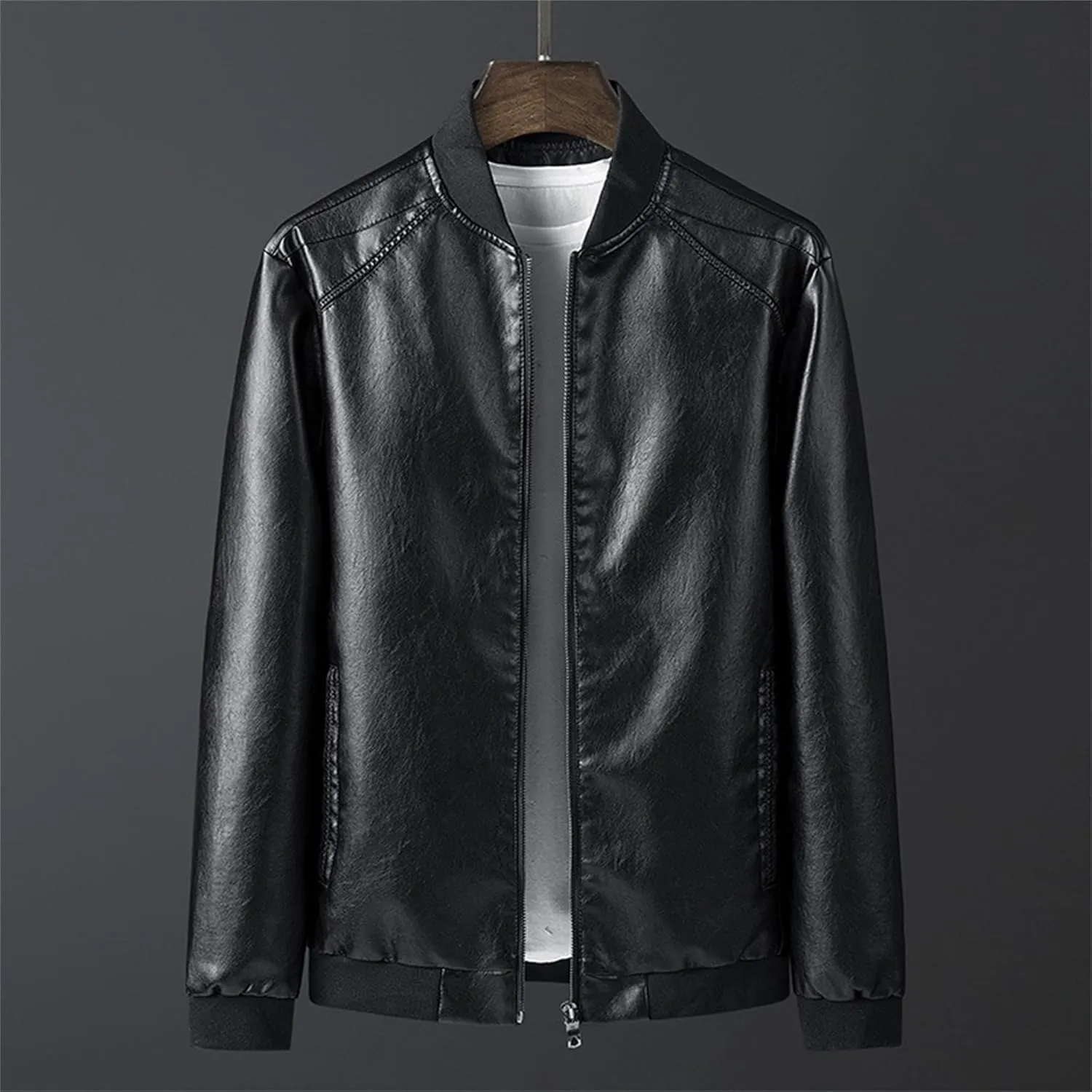 JEKE-DG Men's Casual Bomber Spring Fall Coat Slim Fit Windbreaker Coat Jacket Faux Leather Zip Up Classic Coats