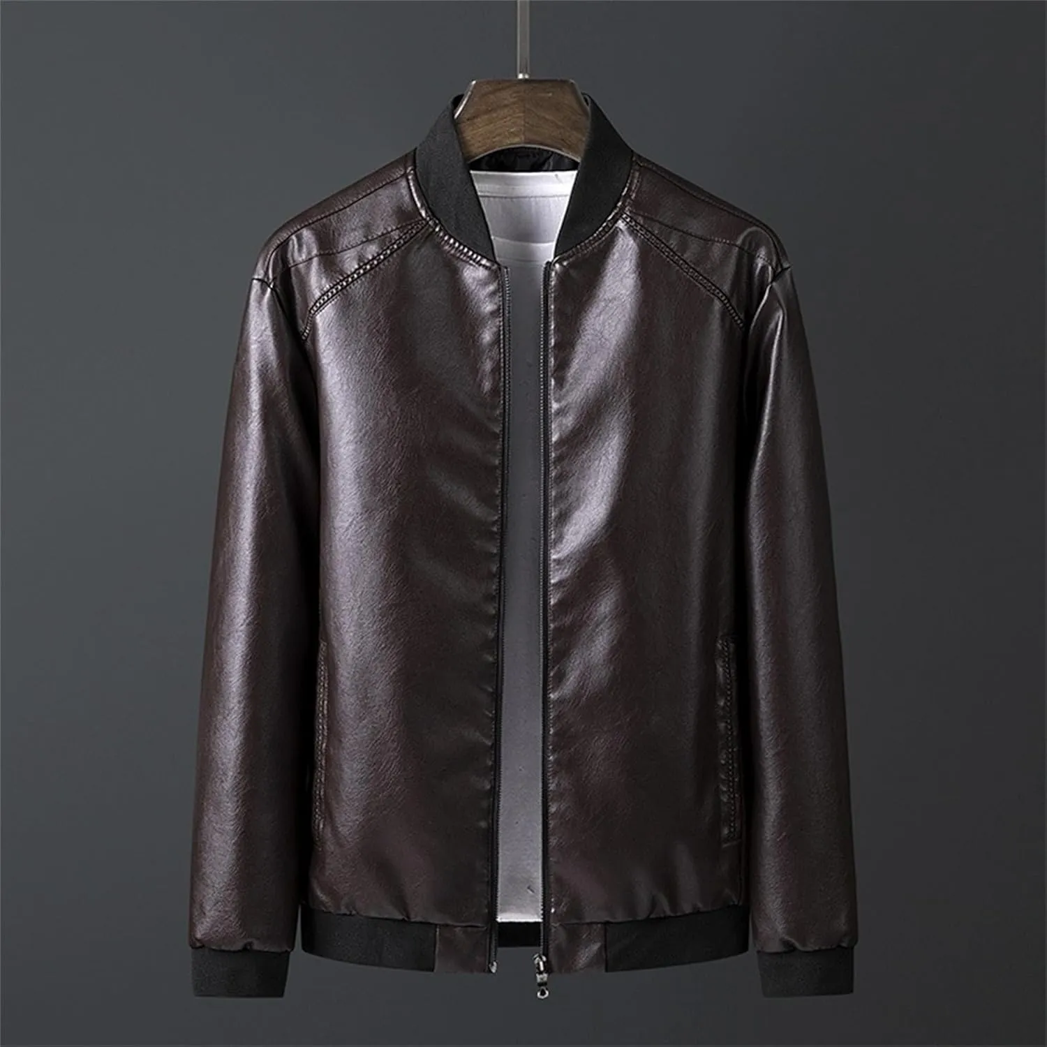 JEKE-DG Men's Casual Bomber Spring Fall Coat Slim Fit Windbreaker Coat Jacket Faux Leather Zip Up Classic Coats