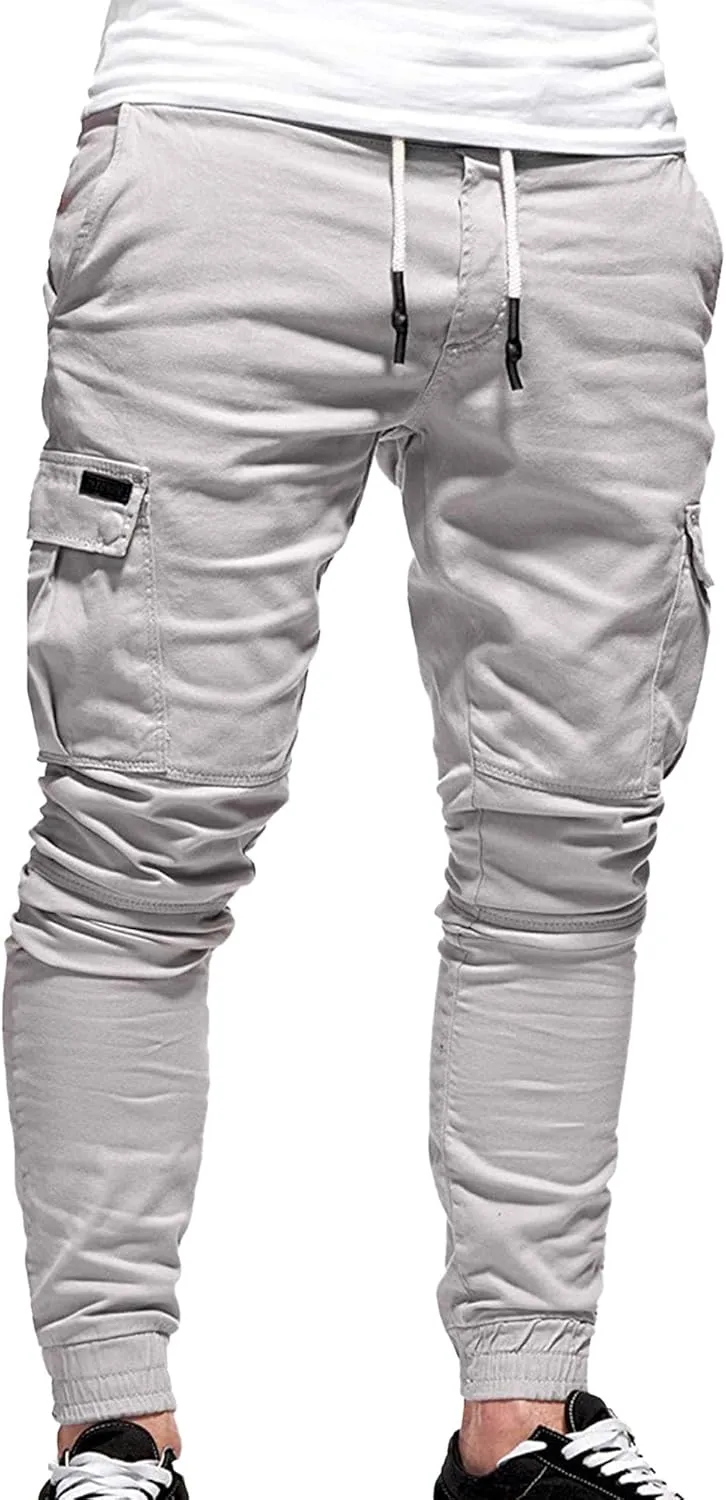 JEShifangjiusu Mens Fashion Cargo Pants Relaxed Fit Drawstring Joggers Sweatpants Workout Casual Cotton Long Trousers
