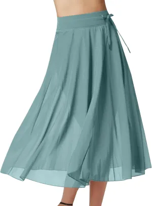 JOAU Women's Midi Skirt Summer Boho Solid Beach Drawstring Elastic High Waist A-Line Flowy Swing Slit Skirts with Lining