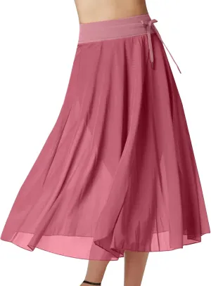 JOAU Women's Midi Skirt Summer Boho Solid Beach Drawstring Elastic High Waist A-Line Flowy Swing Slit Skirts with Lining