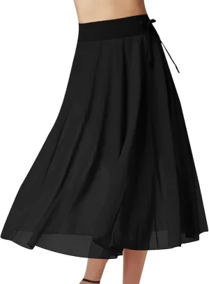 JOAU Women's Midi Skirt Summer Boho Solid Beach Drawstring Elastic High Waist A-Line Flowy Swing Slit Skirts with Lining
