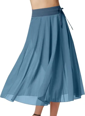 JOAU Women's Midi Skirt Summer Boho Solid Beach Drawstring Elastic High Waist A-Line Flowy Swing Slit Skirts with Lining