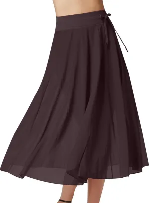 JOAU Women's Midi Skirt Summer Boho Solid Beach Drawstring Elastic High Waist A-Line Flowy Swing Slit Skirts with Lining