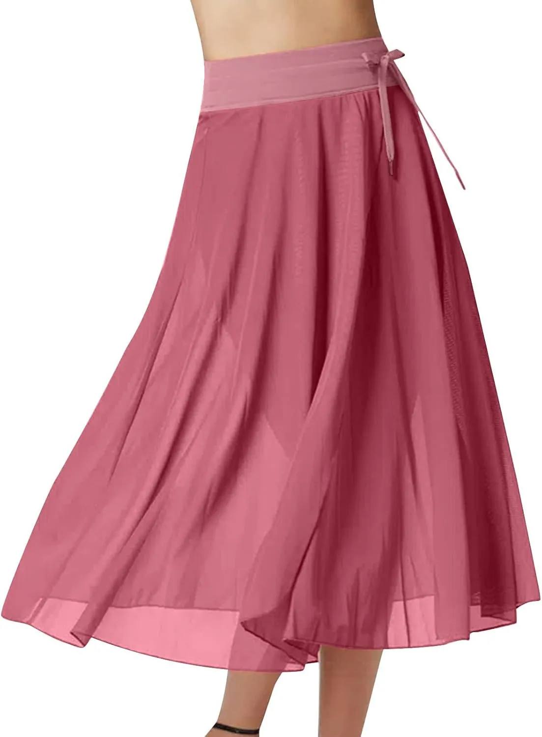 JOAU Women's Midi Skirt Summer Boho Solid Beach Drawstring Elastic High Waist A-Line Flowy Swing Slit Skirts with Lining