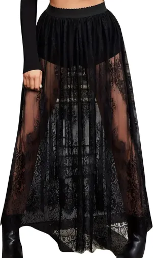 JOAU Womens Sheer Floral Lace Gothic Maxi Skirt Summer Beach Cover-ups Elastic High Waist Mesh Streetwear Long Y2K Skirts