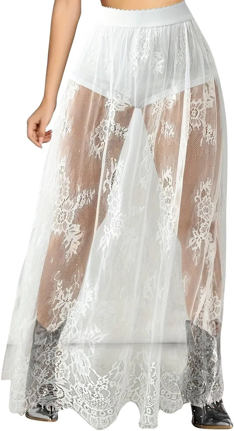 JOAU Womens Sheer Floral Lace Gothic Maxi Skirt Summer Beach Cover-ups Elastic High Waist Mesh Streetwear Long Y2K Skirts