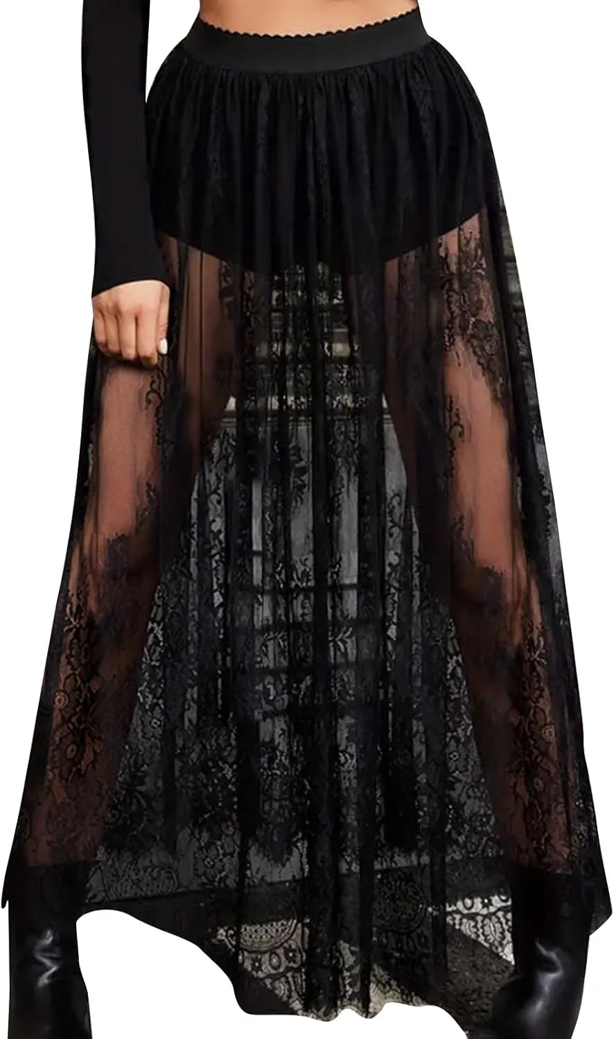 JOAU Womens Sheer Floral Lace Gothic Maxi Skirt Summer Beach Cover-ups Elastic High Waist Mesh Streetwear Long Y2K Skirts