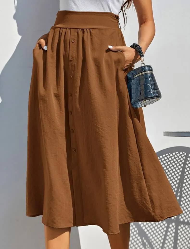 Kate Kasin Women's High Waist Midi Skirt Vintage Elastic A-Line Pleated Button Skirts with Pockets