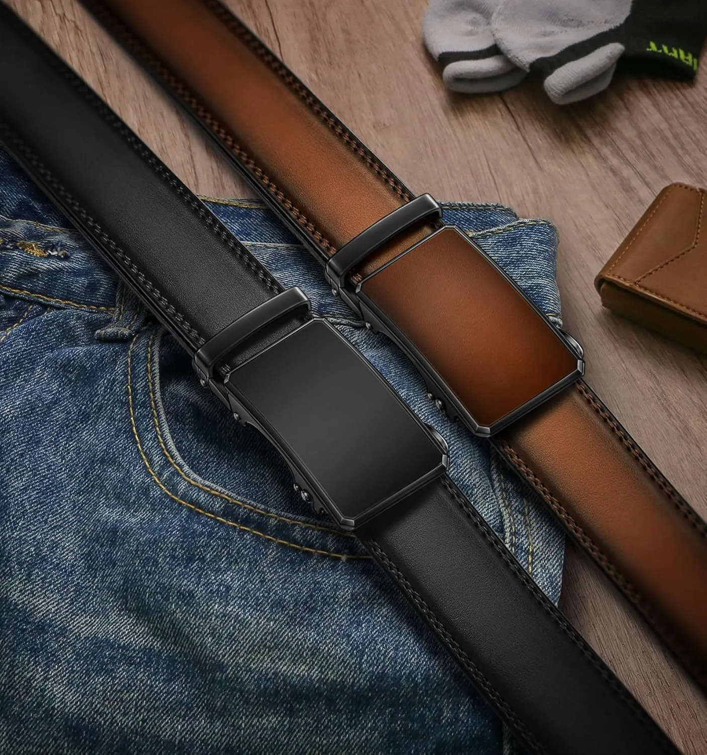 KEMISANT Men Belt 2 Pack, Leather Ratchet Belt Easy Click Slide For Men 1 3/8",Cut for Fit